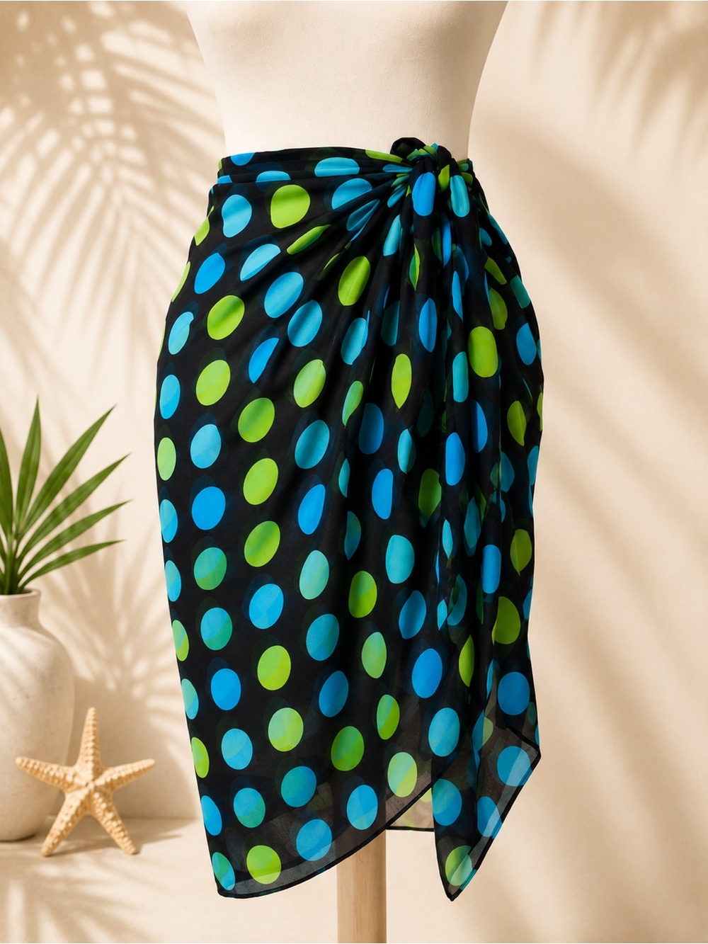 La Blanca Polka Dot Sarong Wrap Swim Cover-Up Blue Lime 25” L Pristine